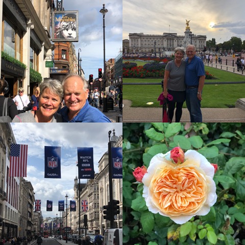 London by foot: we were most surprised to see the NFL banners hanging near the theater district!! And that rose in Kensington Gardens . . . spectacular!