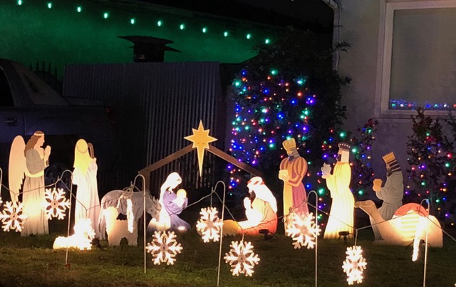 Many beautiful nativity scenes are displayed on the lawns of the circle.