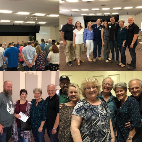 The team that did the heavy lifting behind the scenes for the conference are in the upper right corner, and the couple in the lower left corner lost everything in the fire. The final photo is of the Stenzels and us. Not a bad selfie for a completely-over-40 crowd!
