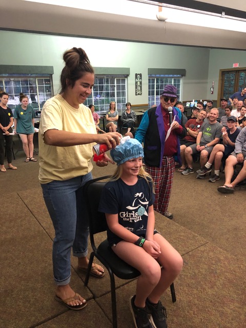 Shelby prepares Josie Landon to catch cheese puff balls with her shaving-creamed-shower-capped head. Josie rocked it.