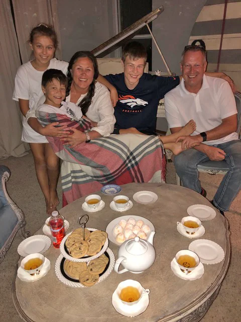 “Opening Night” at the Chalays: August 15, soon after our late night arrival, we have tea and . . . Paul’s cookies. Of course.