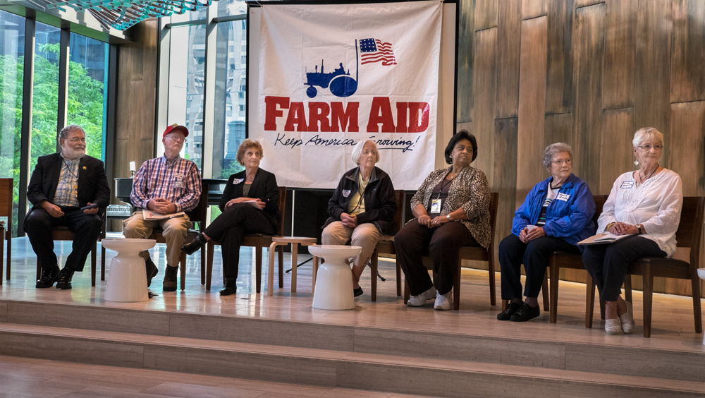 From left, John Zippert, Epps, AL; Benny Bunting, Oak City, NC; Betty Puckett, Natchitoches, LA; Lou Ann Kling, Granite Falls, MN; Shirley Sherrod, Albany, GA; Mona Lee Brock, Durant, OK; Linda Hessman, Dodge City, KS. Chicago, IL, 2015. top three photographs, Photograph copyright/Rob Amberg 2015. bottom photograph, Photograph copyright /Rob Amberg/Farm Aid, 2015.