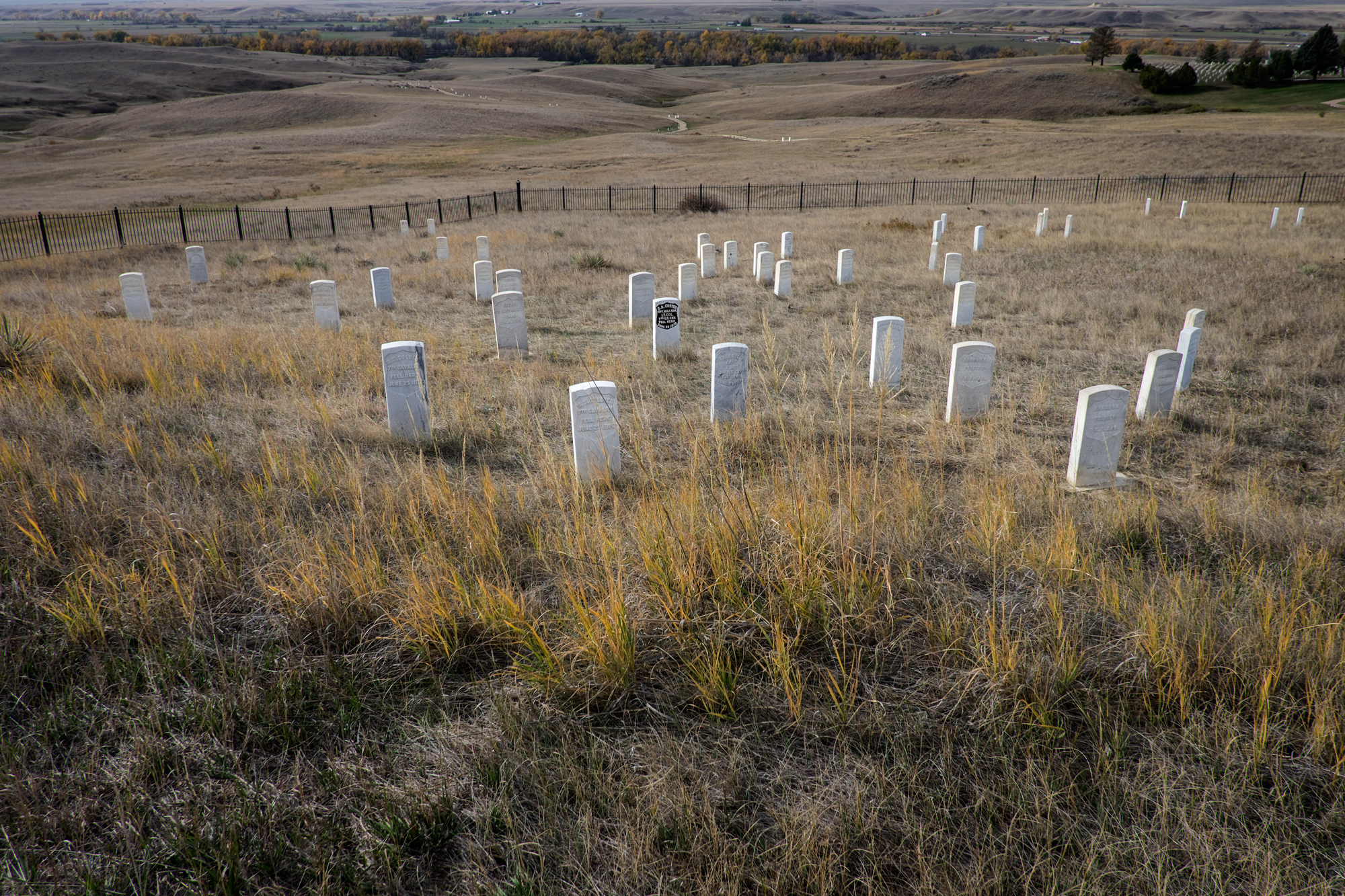 Little Bighorn Valley from Last Stand Hill, Little Bighorn Battlefield Memorial, Hardin, Montana. The markers represent the spots where individual soldiers fell. 