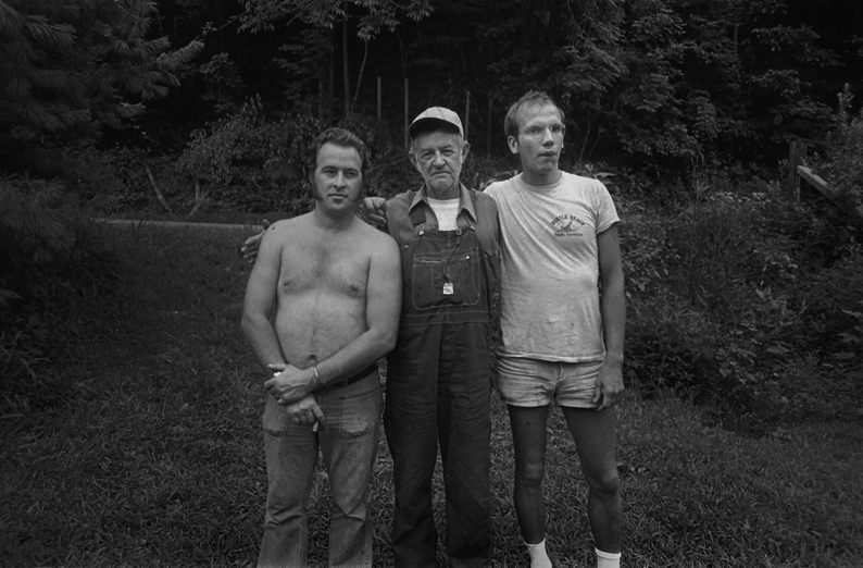 Joe Chandler with two of his sons-in-law, Conley Goforth (left) and Vince Vilcinskas, Sodom, Madison County, NC 1977.