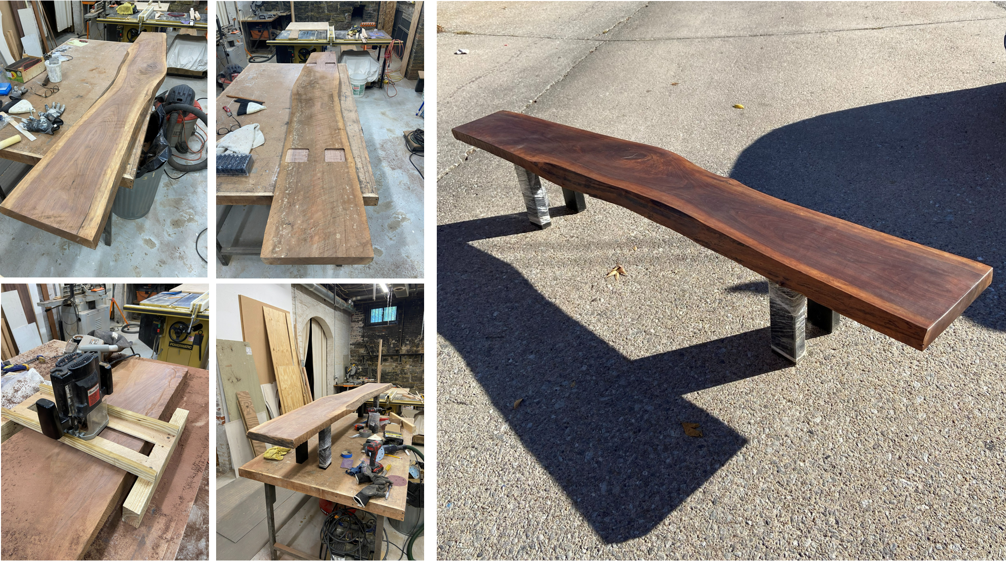 96" x 17" walnut bench with progress images