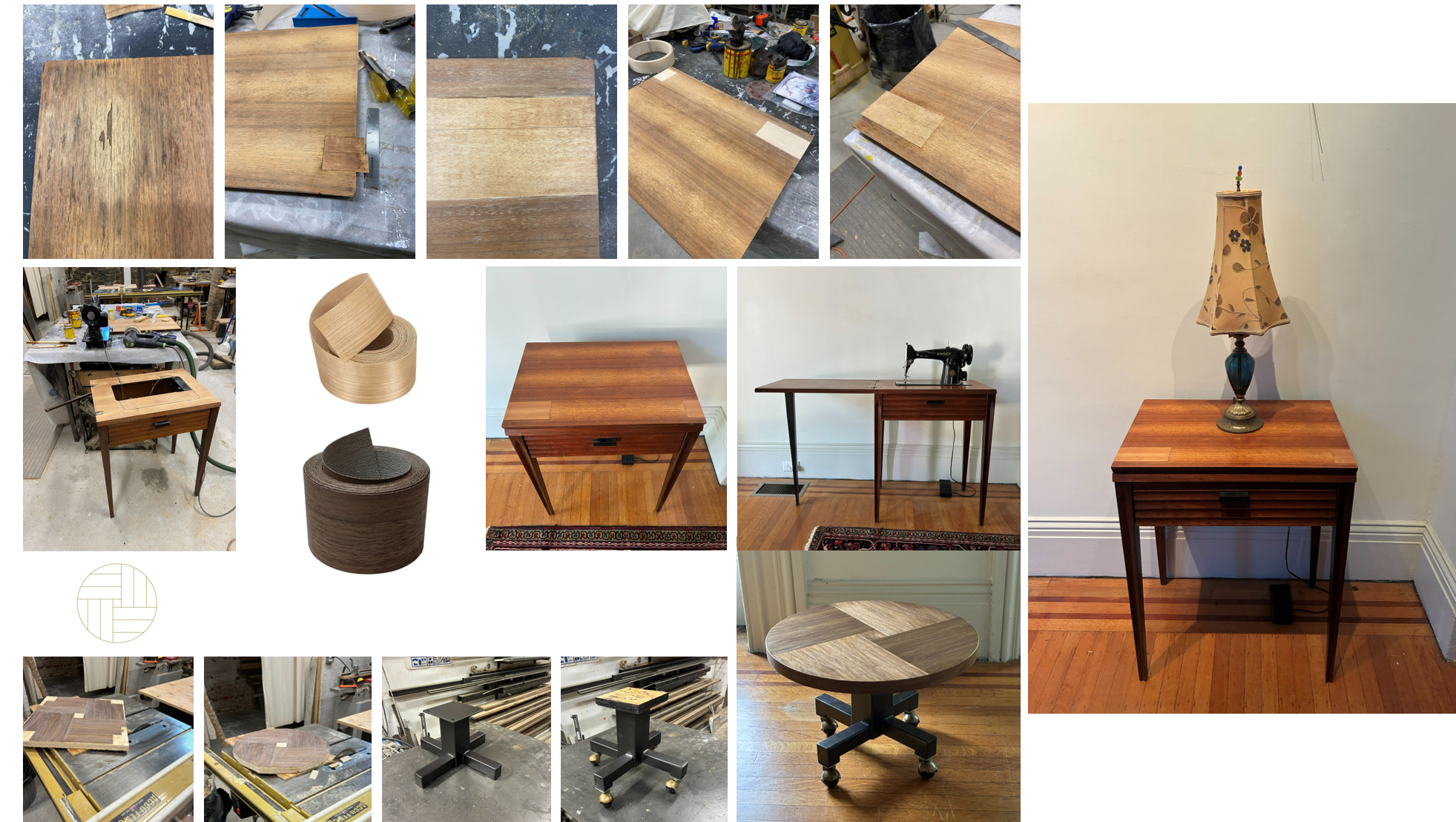 furniture restoration - veneer repair to 1950's SInger sewing machine table. Series 2 progress images of small round coffee table fabrication.