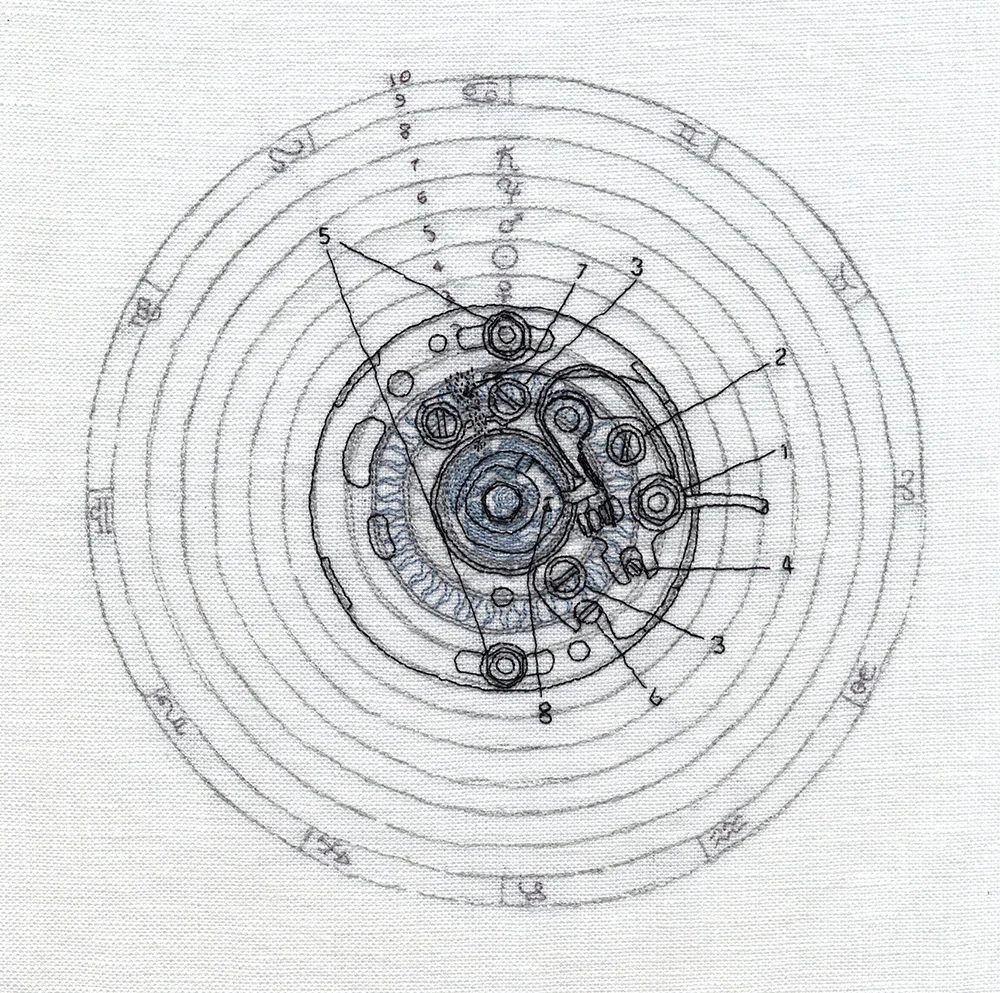 Contact 2012 Thread hand embroidered on linen 10" x 10"