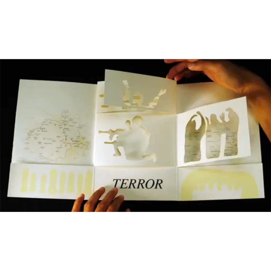 War on Terror 2010 hand-cut inkjet-printed artist book edition of 5, each with unique cover 9" x 6" (closed dimensions) | 9" x 18" (open dimensions)