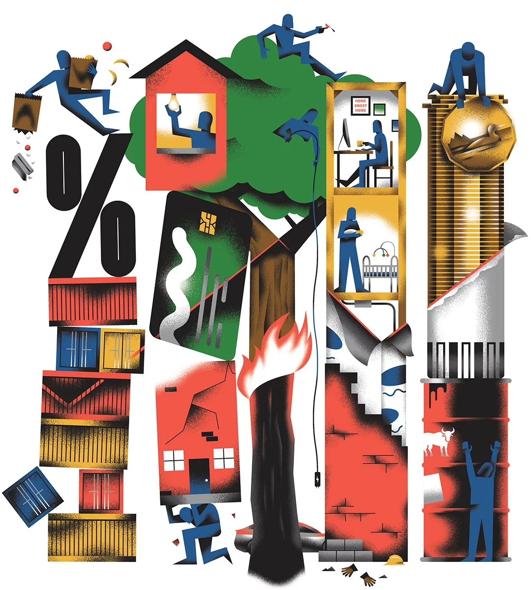  For the January 1st, 2022 Globe &amp; Mail front page. This issue contained over 50 charts, graphs, and lists that laid out trends and predictions for the upcoming year. The illustration reflects these topics, can be separated into five different sp