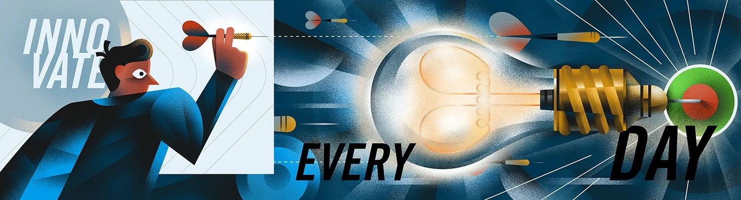  A mural design for  Tandem Health , a Sand Diego-based diabetes care company. “Innovate Every Day” is one of the five foundational pillars of their company. To me, true innovation does not come on the first try - many attempts must be taken before f