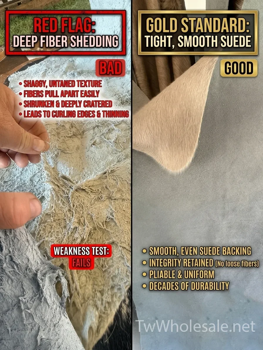 left side poor quality tanning stringy fibers, right side cowhide has tight soft grain