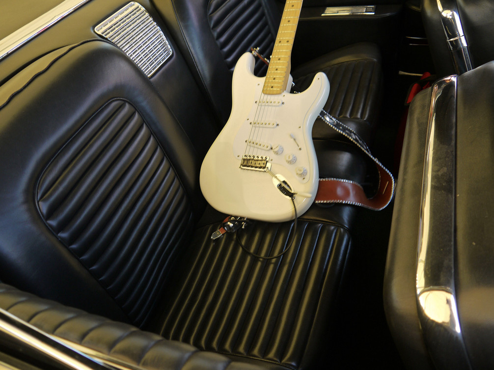 Jimmie Vaughan's Fender Stratocaster Guitar in the back seat