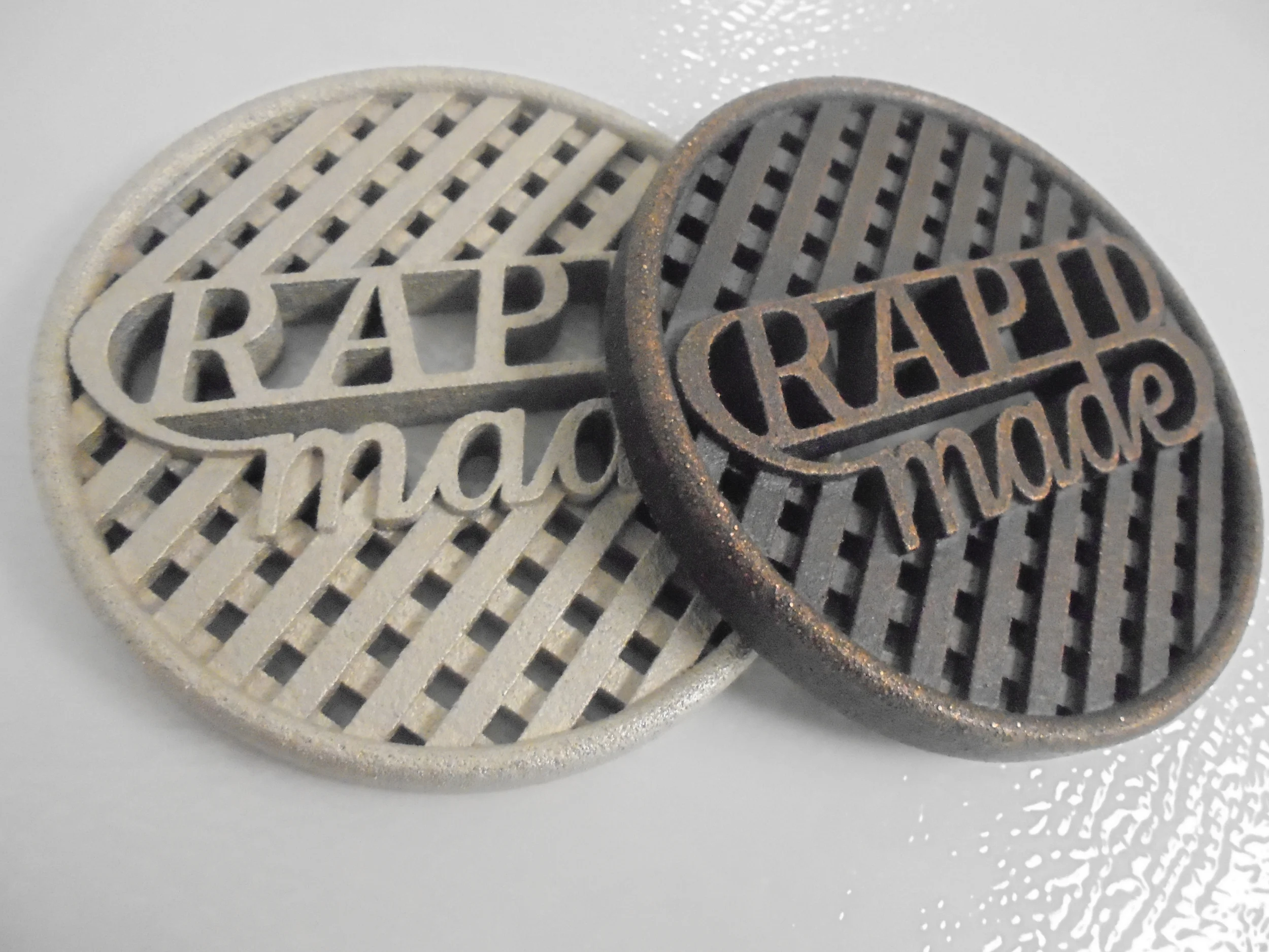 Plated Nylon. Left: Nickel plating. Right: Copper patina.