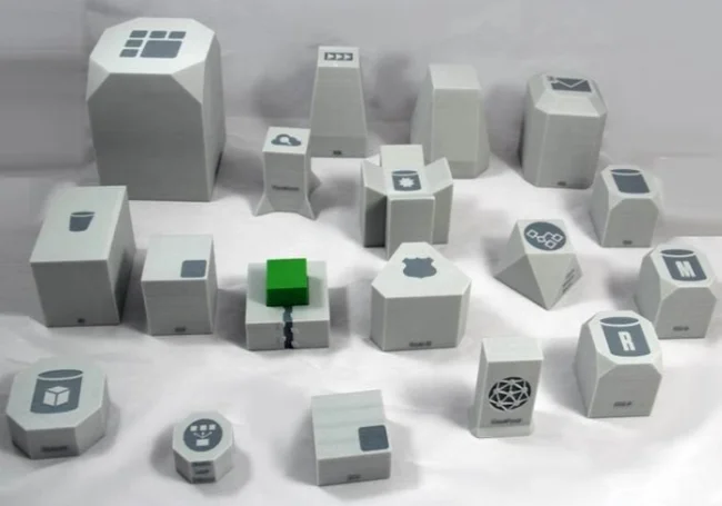 Colored graphic blocks used by Amazon Web Services to explain their cloud services to potential customers