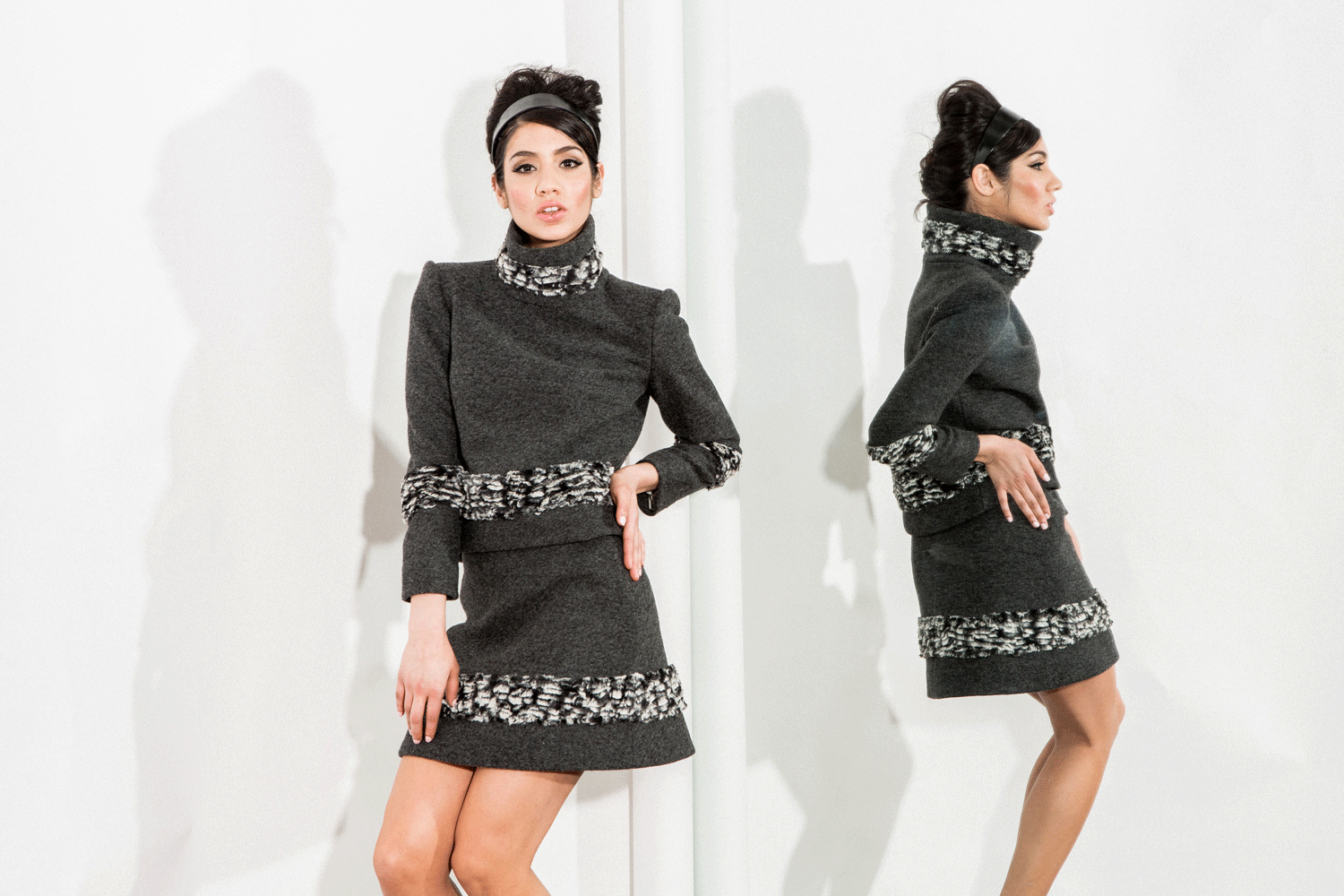 Knit wool melton top & skirt with 3/4 sleeves, stand up collar and faux chinchilla insets. 