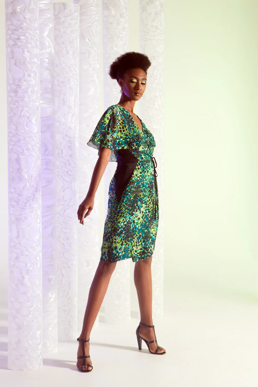 Peyton Dress - Abstract Floral Print Dress w/ Capelet & Contrasting Inset  Waist  Paul Carroll