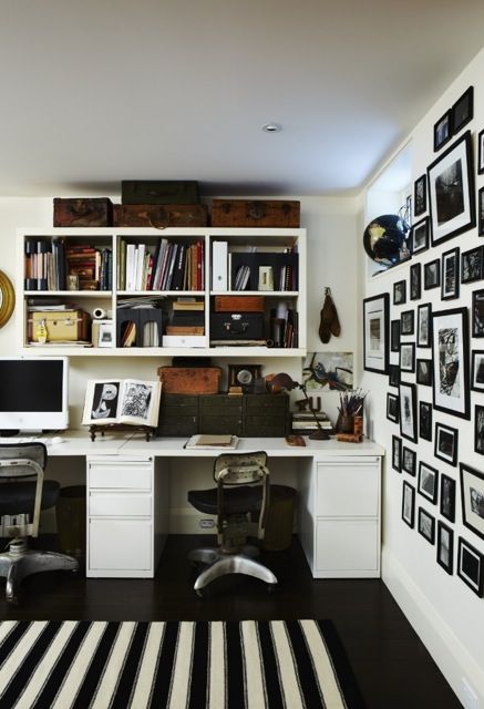 Love the black and white themed office with the punch of black and white stripe! (Casey Design/Planning Group Inc. - Photo by Angus Fergusson).
