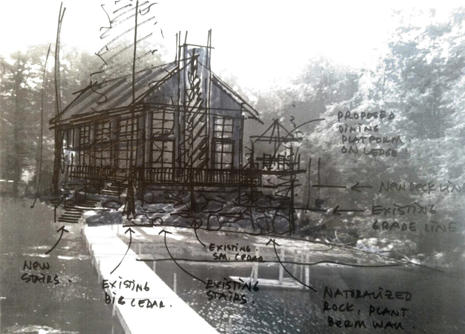 External site studies often guide the overall direction and aesthetic of the cottage space to be designed. This process sketch analyzed the relationship between the structure and the surrounding environment to ensure the best combination of site position, orientation and integration into the landscape. (Casey Design / Planning Group Inc.) 