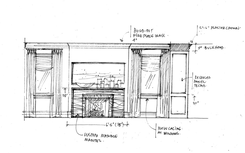 An elevation of our final concept, with details such as drapery, accessories and artwork framing the marble fireplace and contributing to the successful contemporary redesign. (Casey Design / Planning Group Inc.)