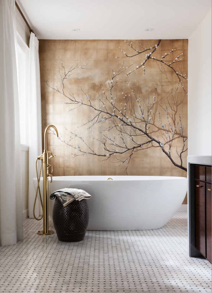 White and wood allow the brass faucet and gorgeous wall mural to shine in this master ensuite. (Casey Design / Planning Group Inc. - photograph by Donna Griffiths)