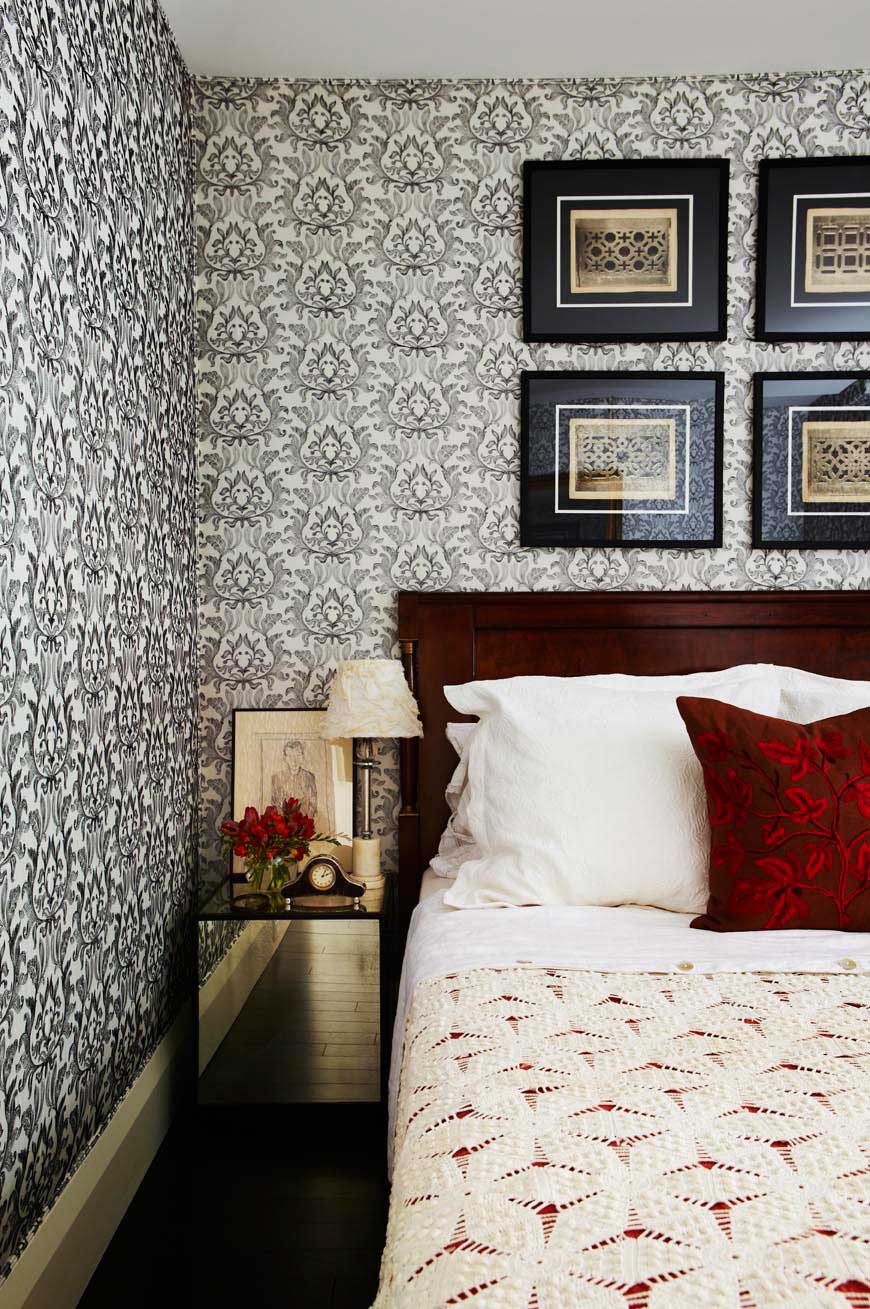 This antique Biedermeier Headboard along with the pattern, texture and value in this bedroom create a luxurious and glamorous retreat. (Casey Design / Planning Group Inc- photograph by Angus Fergusson)