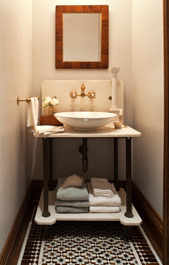 Another wonderful Waterworks product; the Julia Wall Mounted Faucet, which fits perfectly with this vintage washstand that I retrofitted with new brass legs and the floating sink.