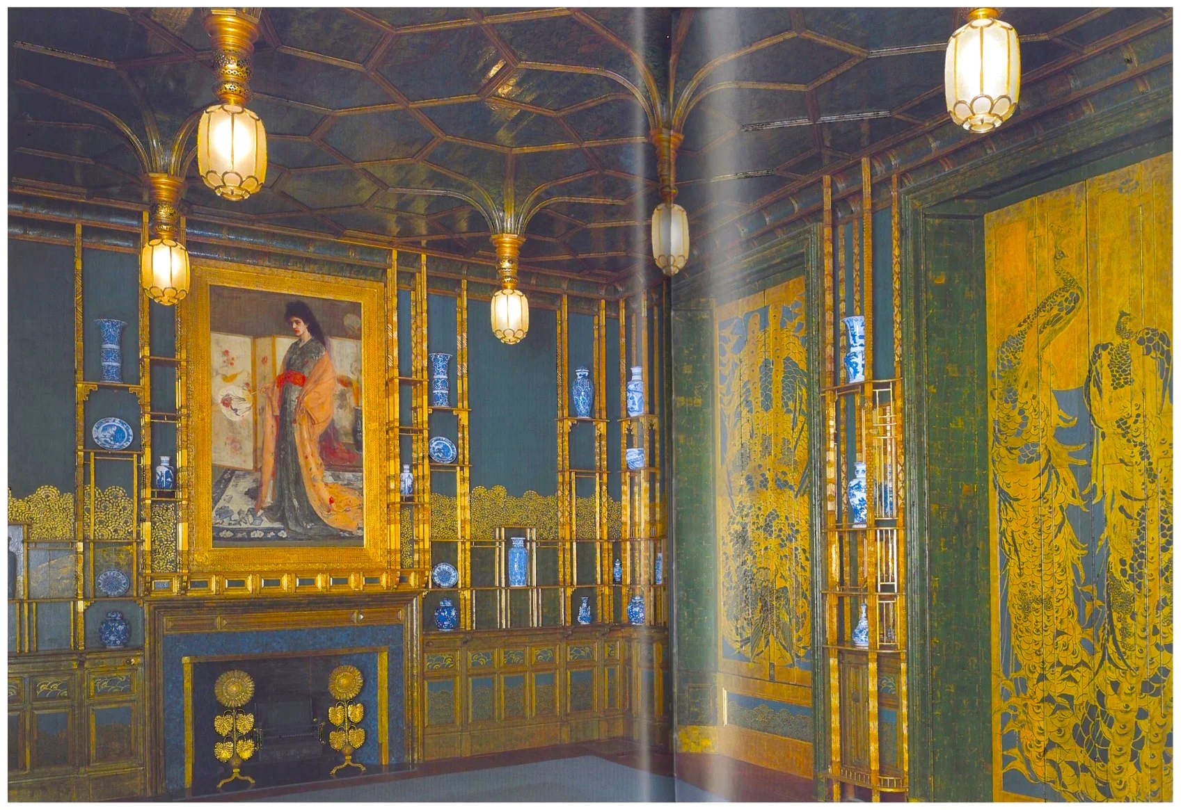 A notable nineteenth century interior space in an American Museum, “Harmony in Blue and Gold: The Peacock Room,” 1876-77 by James McNeill Whistler, also uses peacock feathers as a recurring theme. Permanently on display at the Freer Gallery of Art, Smithsonian Institution, Washington, DC, Whistler's room uses a striking combination of coppery gold, blues and greens to, "vividly recall the iridescence of peacock feathers." ( The Peacock Room, A Cultural Biography by Linda Merrill.) 