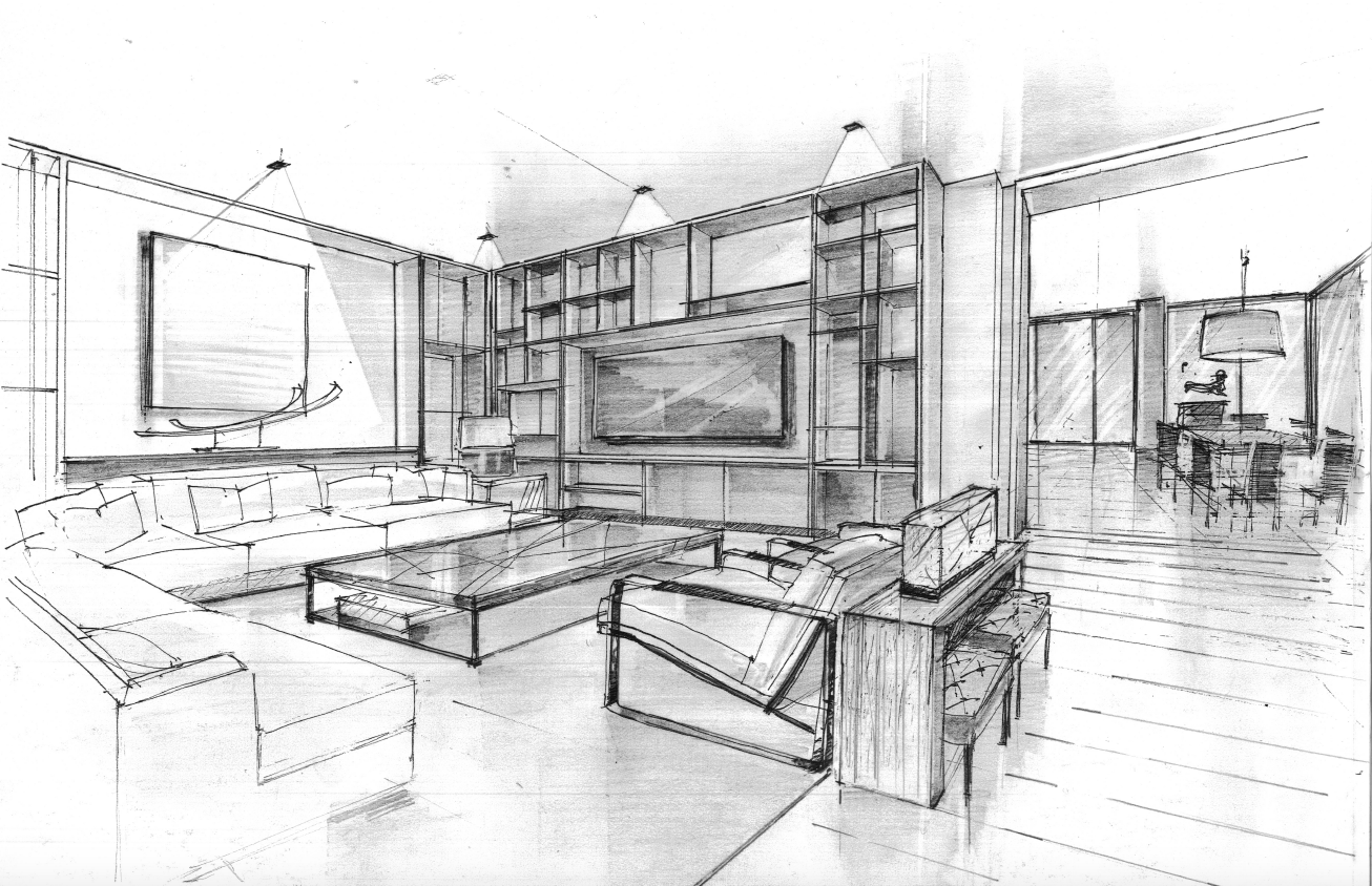 Concept sketches for home audio visual needs in these clean built-in units.