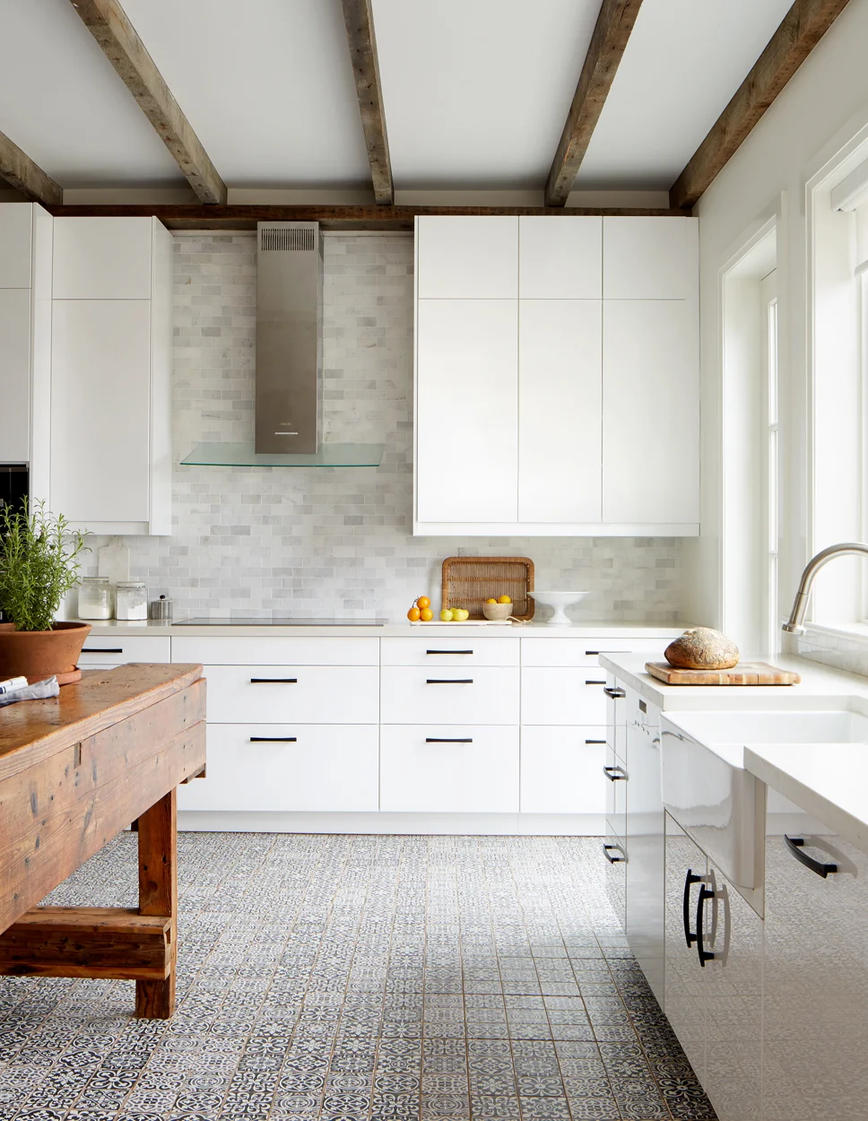 Vintage inspired floor tiles add to the modern chic farmhouse vibe.
