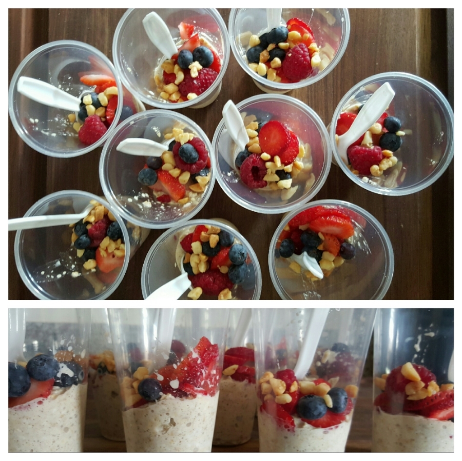 One of my favorite fuels! Oatmeal soaked in unsweetened coconut flavored almond milk with a dash of cinnamon and a touch of honey. Topped with strawberries, blueberries, raspberries, a few unsweetened coconuts flakes and a macadamia/almond nut crumb…