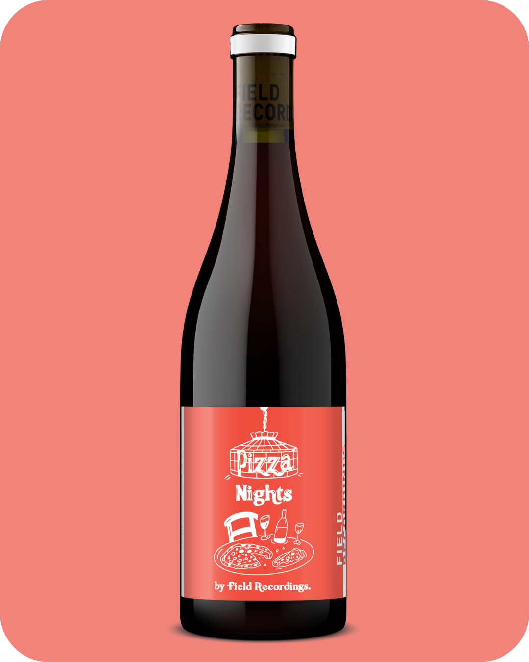 A bottle of Pizza Nights Gamay against a red background.