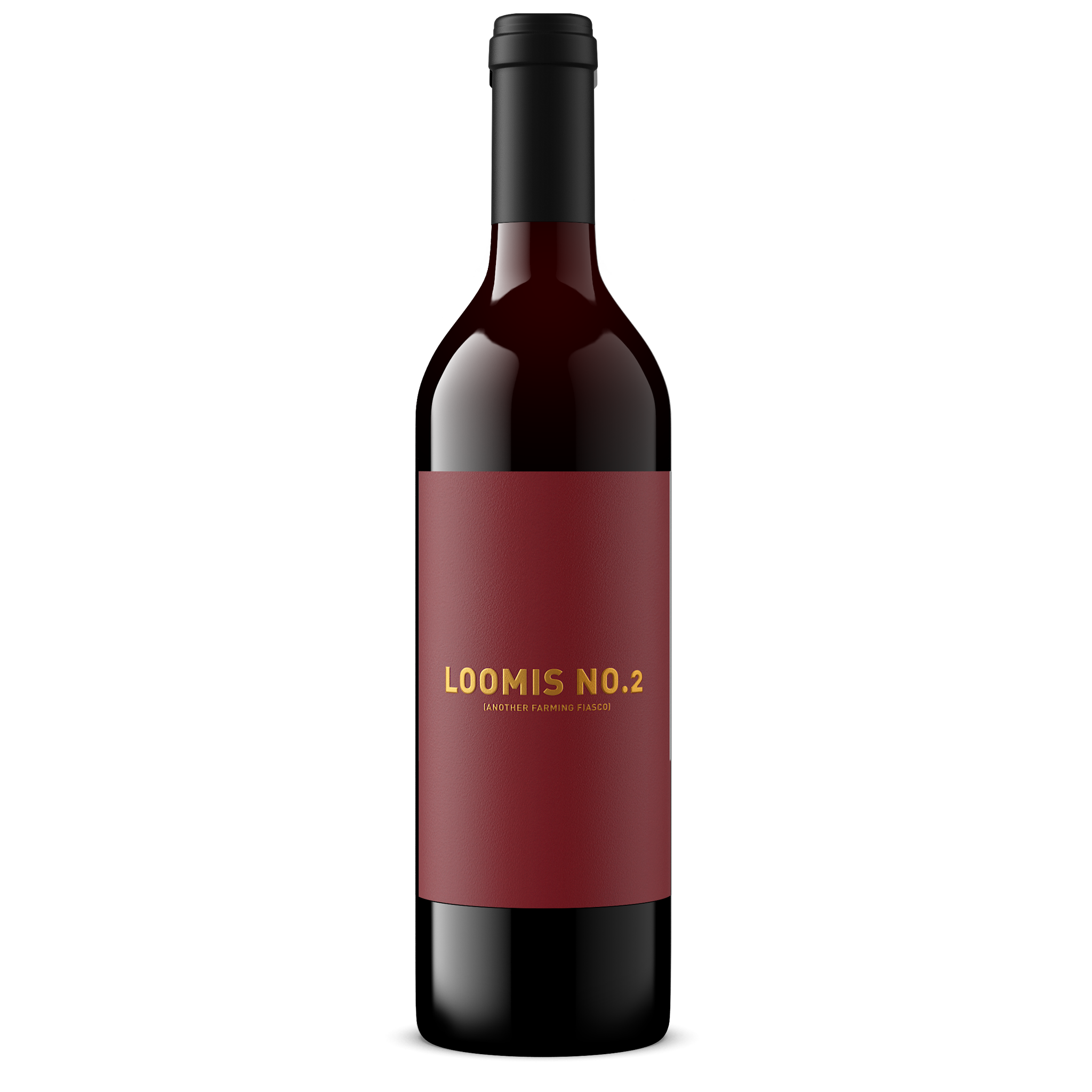 A black wine bottle with a tall burgundy label that has gold text reading "Loomis No 2"