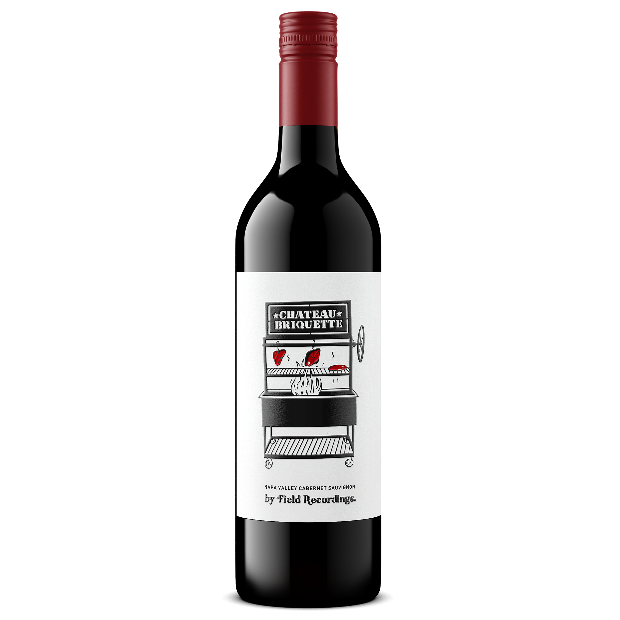 A photo of Field Recordings Chateau Briquette, a Cabernet with a red screwcap, white label, and drawing of a grill.