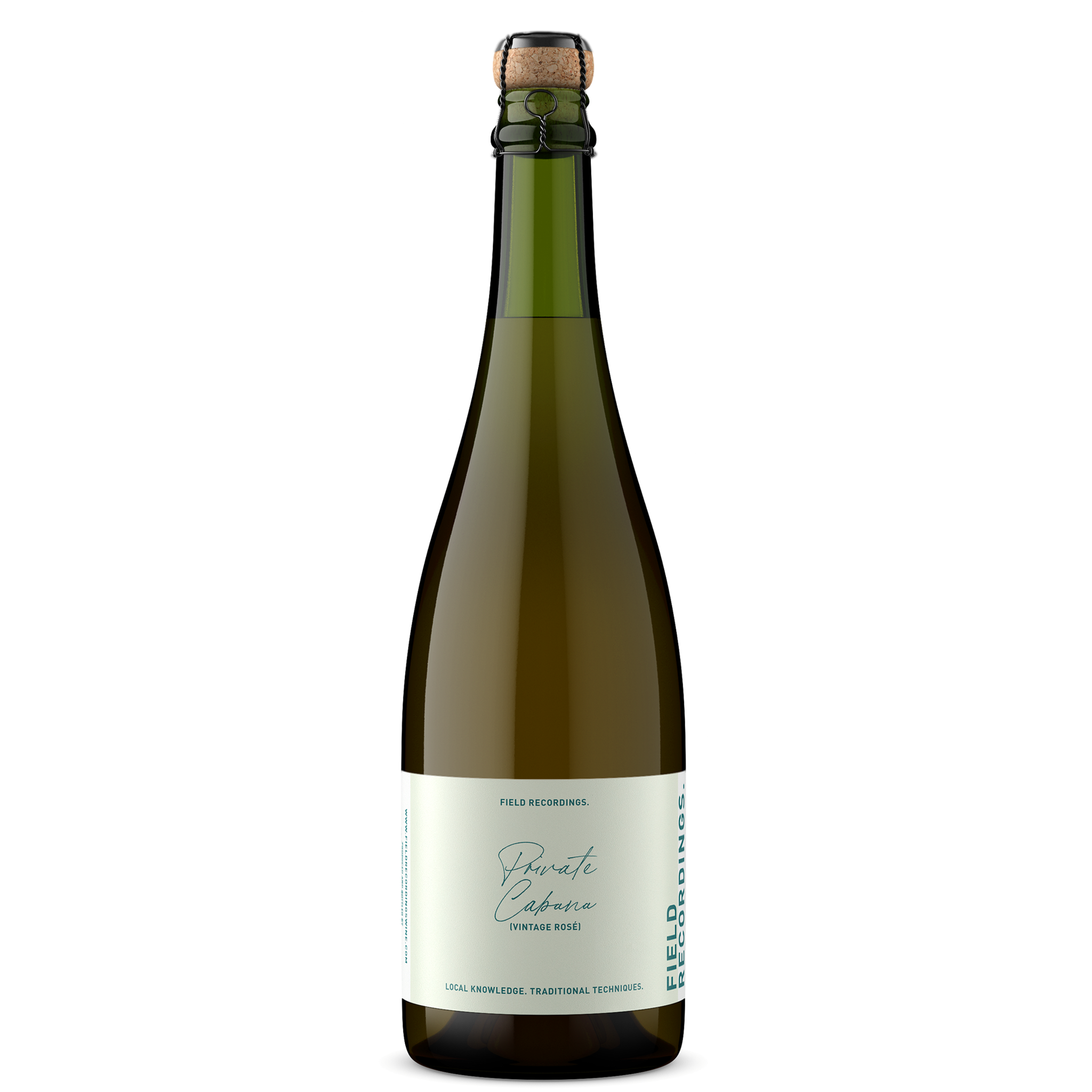A bottle of sparkling wine with a light seafoam label.