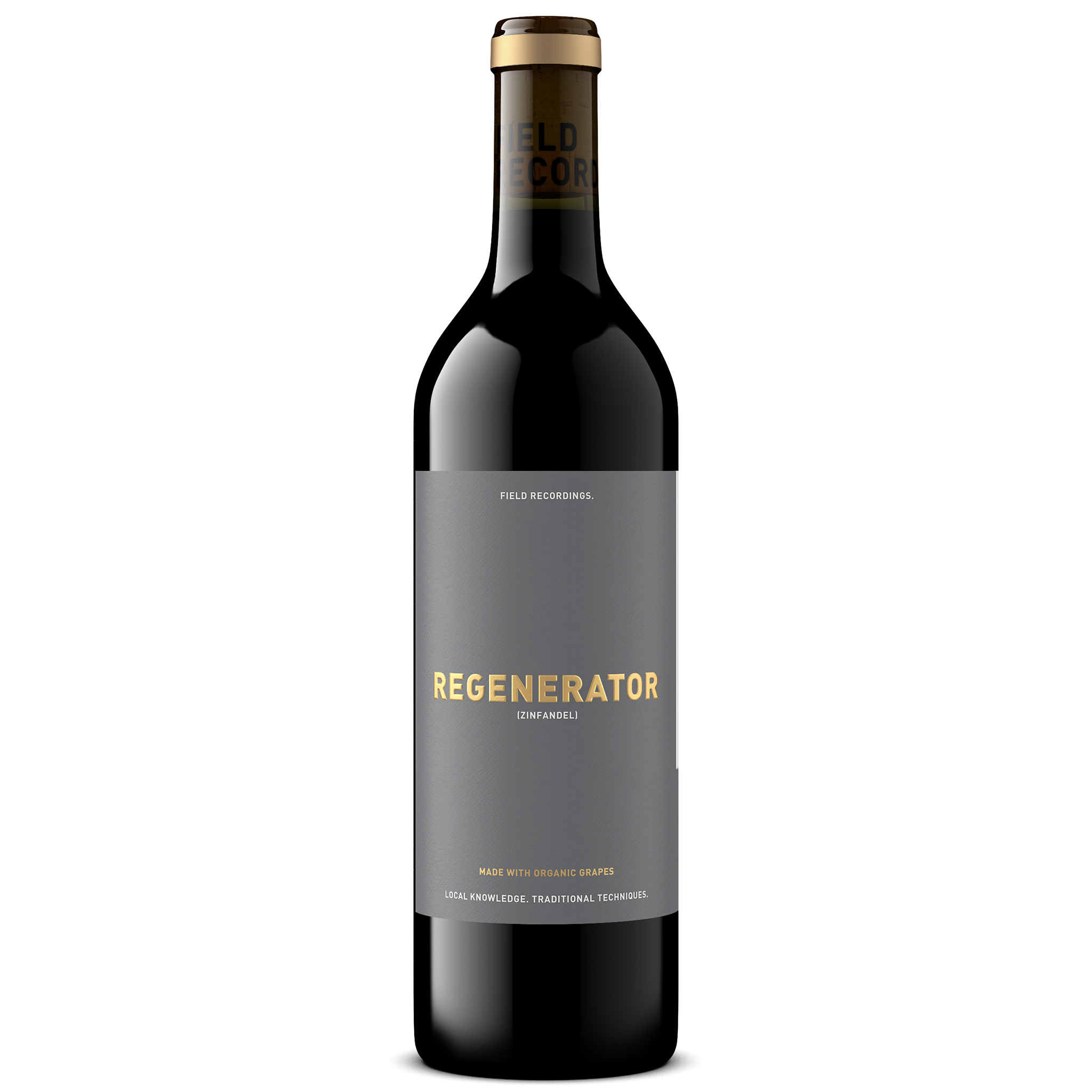 A bottle of wine labeled 'Field Recordings Regenerator Zinfandel' with a sleek, modern design and a gray and gold label.