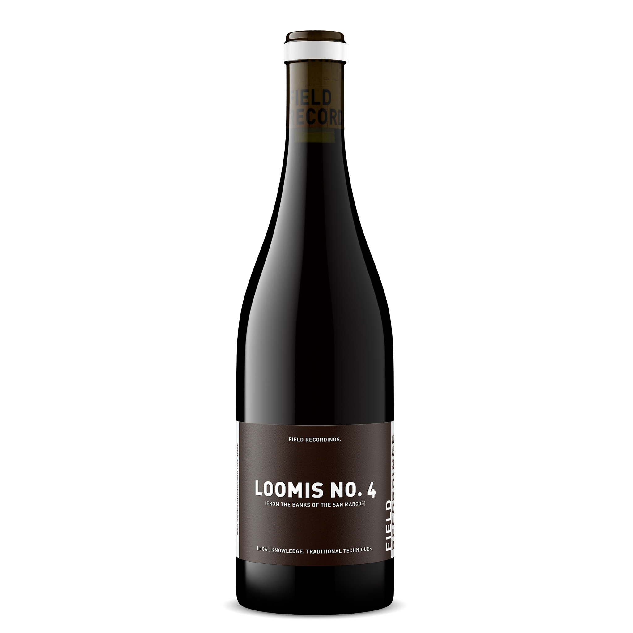 A black glass wine bottle with a dark brown label reading Loomis No. 4