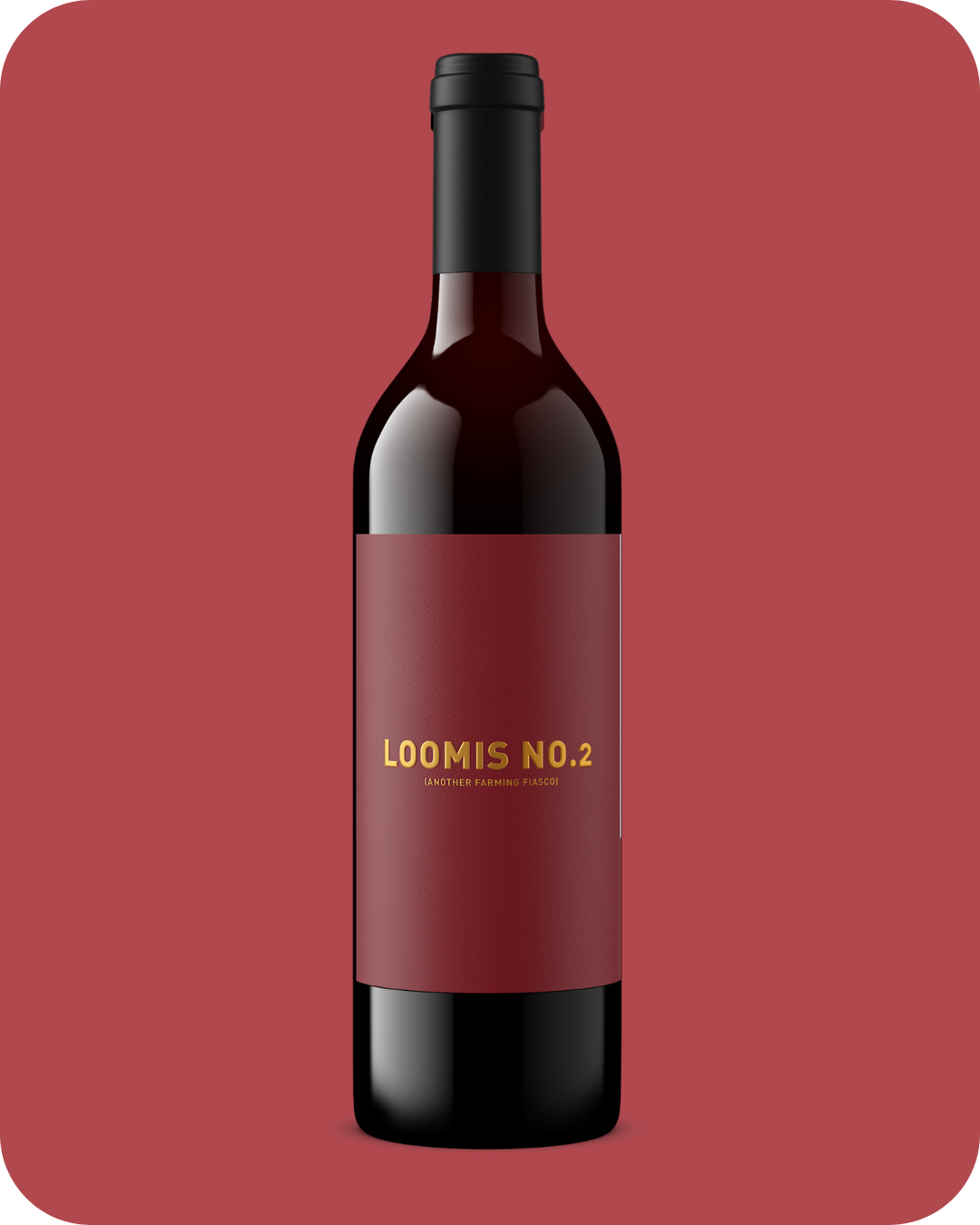 A bottle of Loomis No. 2 wine against a red background.