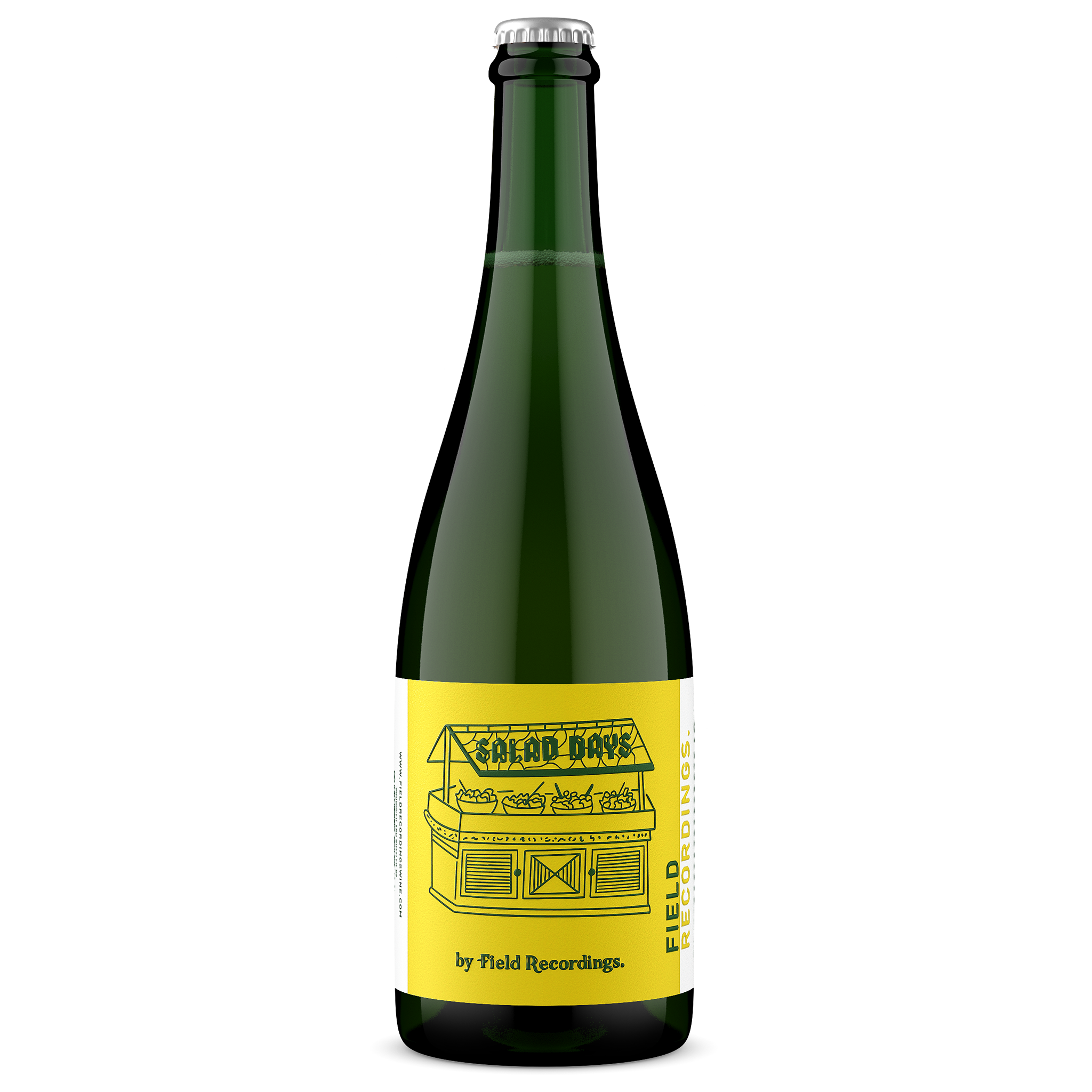 Field Recordings Salad Days sparkling wine, which features a bright yellow label and a drawing of a salad bar.