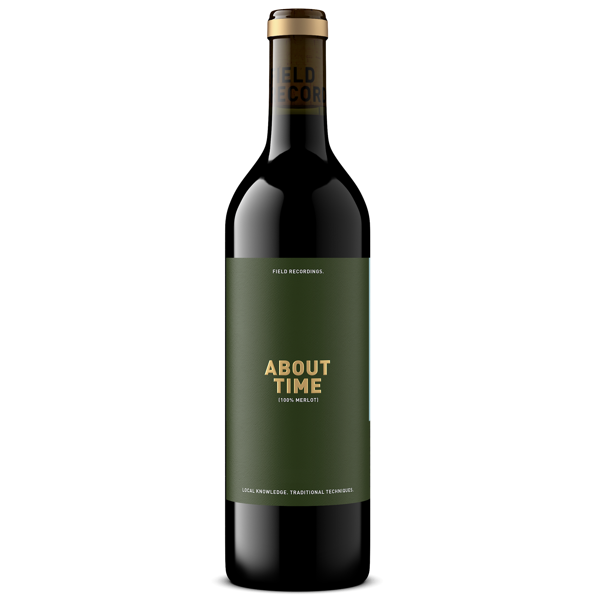 A dark green wine bottle with a beige cap, displaying a label with white text that reads 'ABOUT TIME' and '100% MERLOT'.