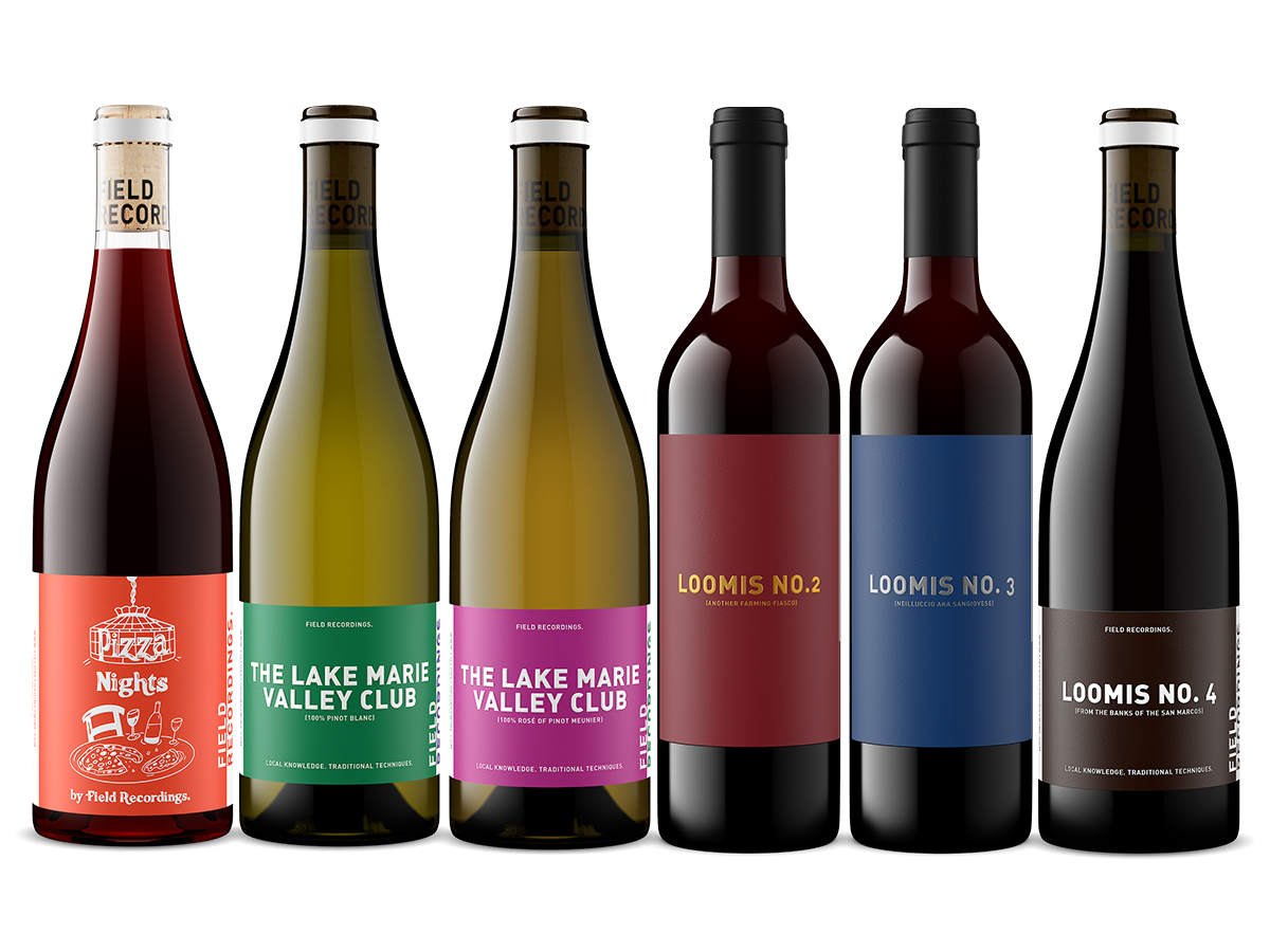 The Field Recordings spring bottle club shipment: Pizza nights, Lake Marie Valley Club White, Rose, and three Loomis wines.