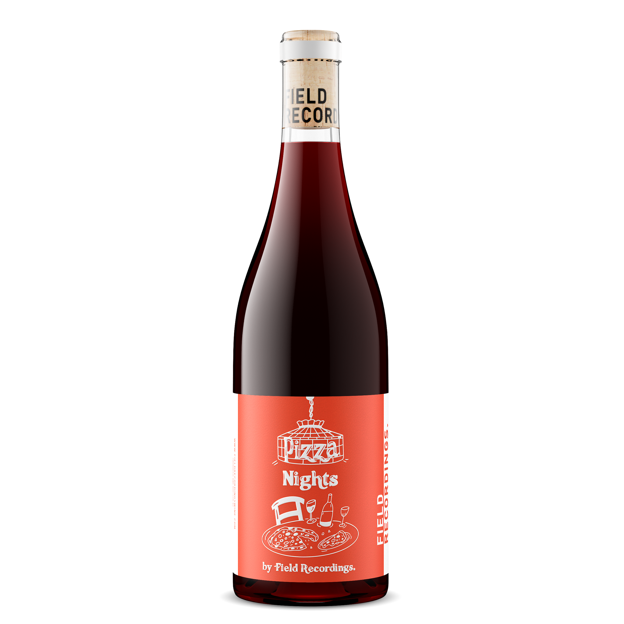 A bottle of red wine with a bright red label that reads "Pizza Nights by Field Recordings." The label depicts a drawn stained glass lamp and table.