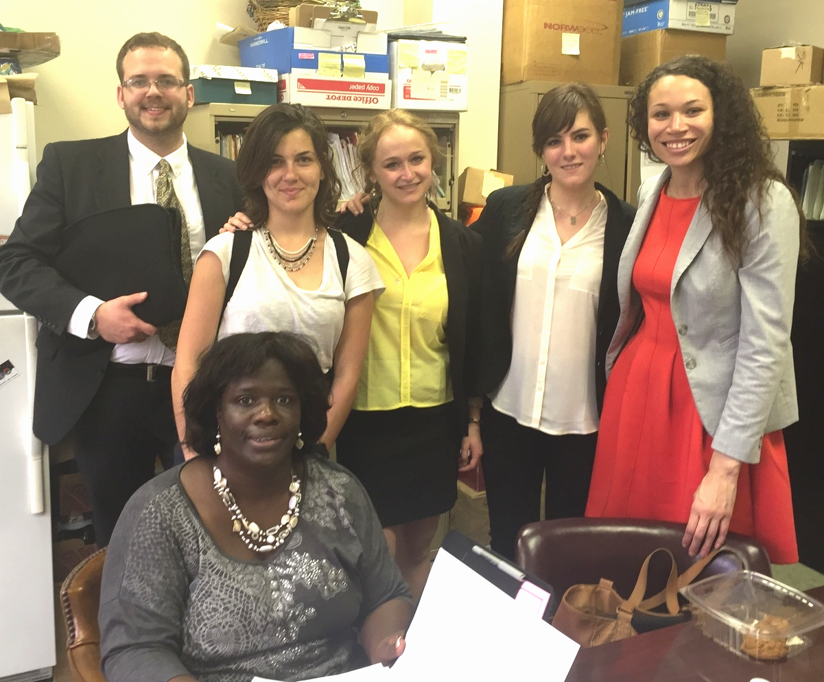 Left to right: Nathan Vos, Marie De Franca, Mathilde Declercq, Caroline Alet and Erin Lain - Assistant Dean for Academic Services. Seated: Zakiya LaGrange, Staff Paralegal, The Project