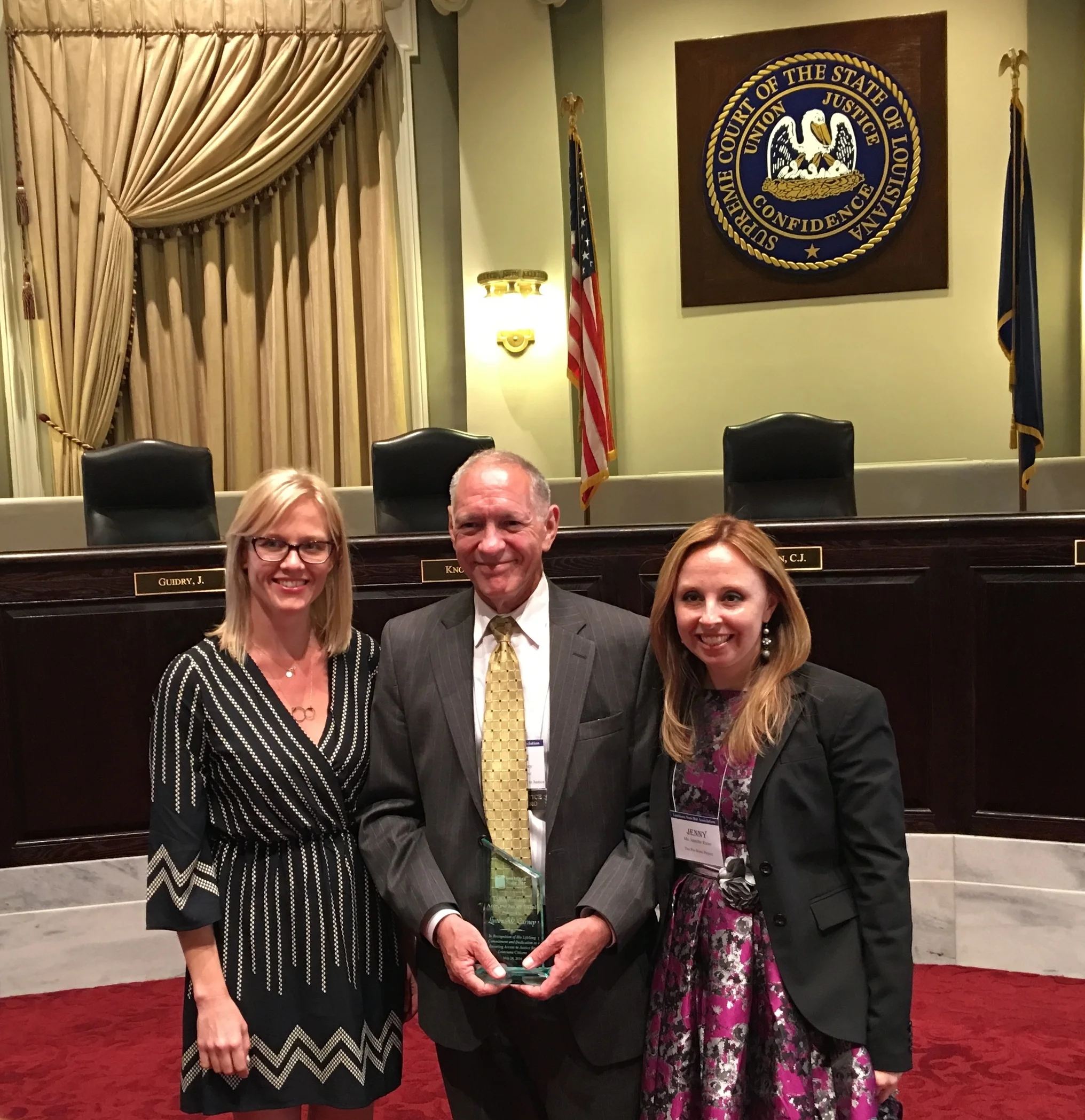 The Project's Chief Legal Officer Linton Carney (c) with Staff Attorney Ona Dudonis (l) and Executive Director Jenny Rizzo-Choi (r) at LSBA Pro Bono Awards on May 24