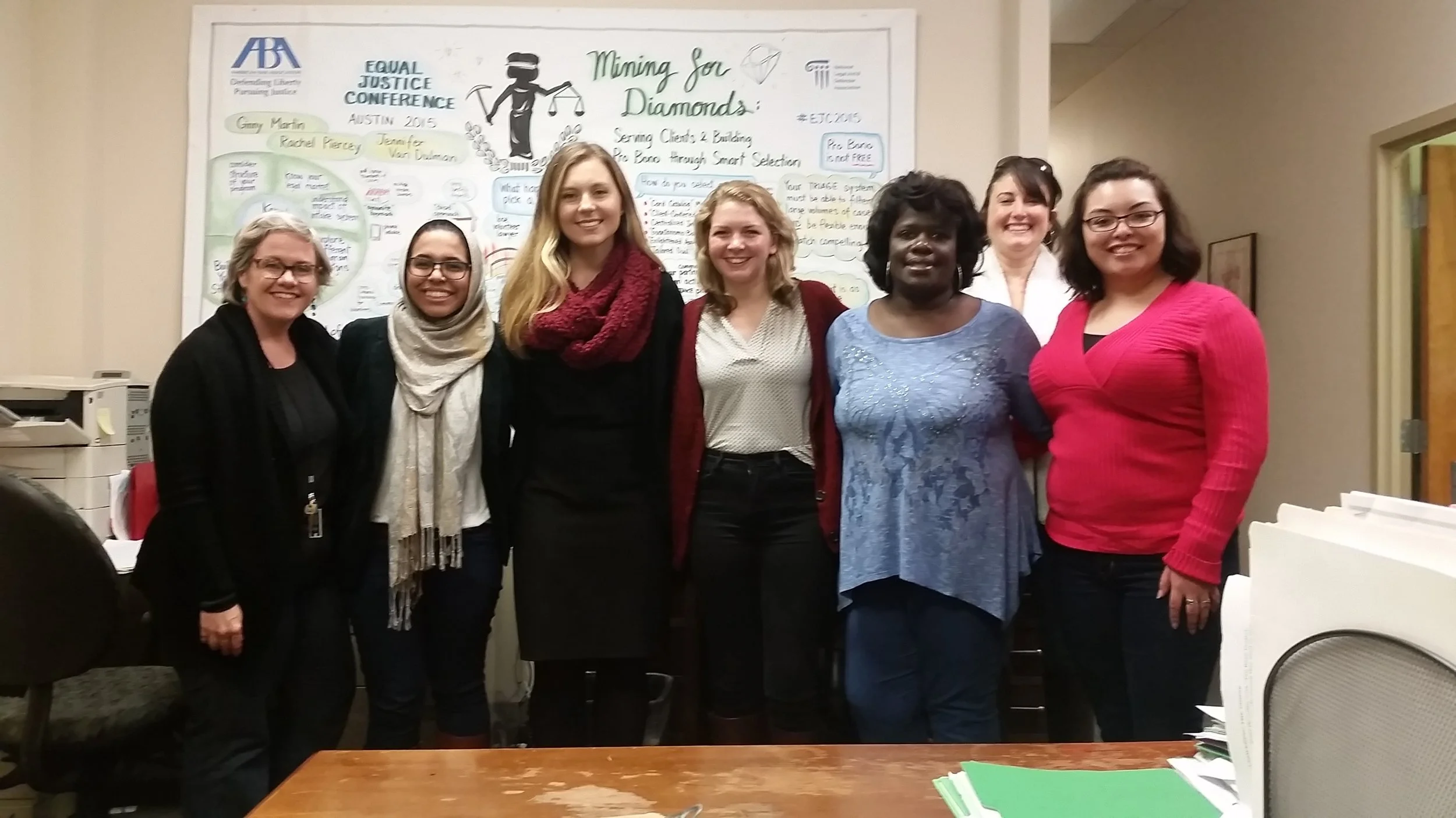 From left to right: Kathleen Legendre, Aroosa Nizami, Dasha Makarenko, Mary Frances Richardson, Zakiya LaGrange, Jenny Abshier, and Gabriela Brito. Students from American University Washington College of Law.