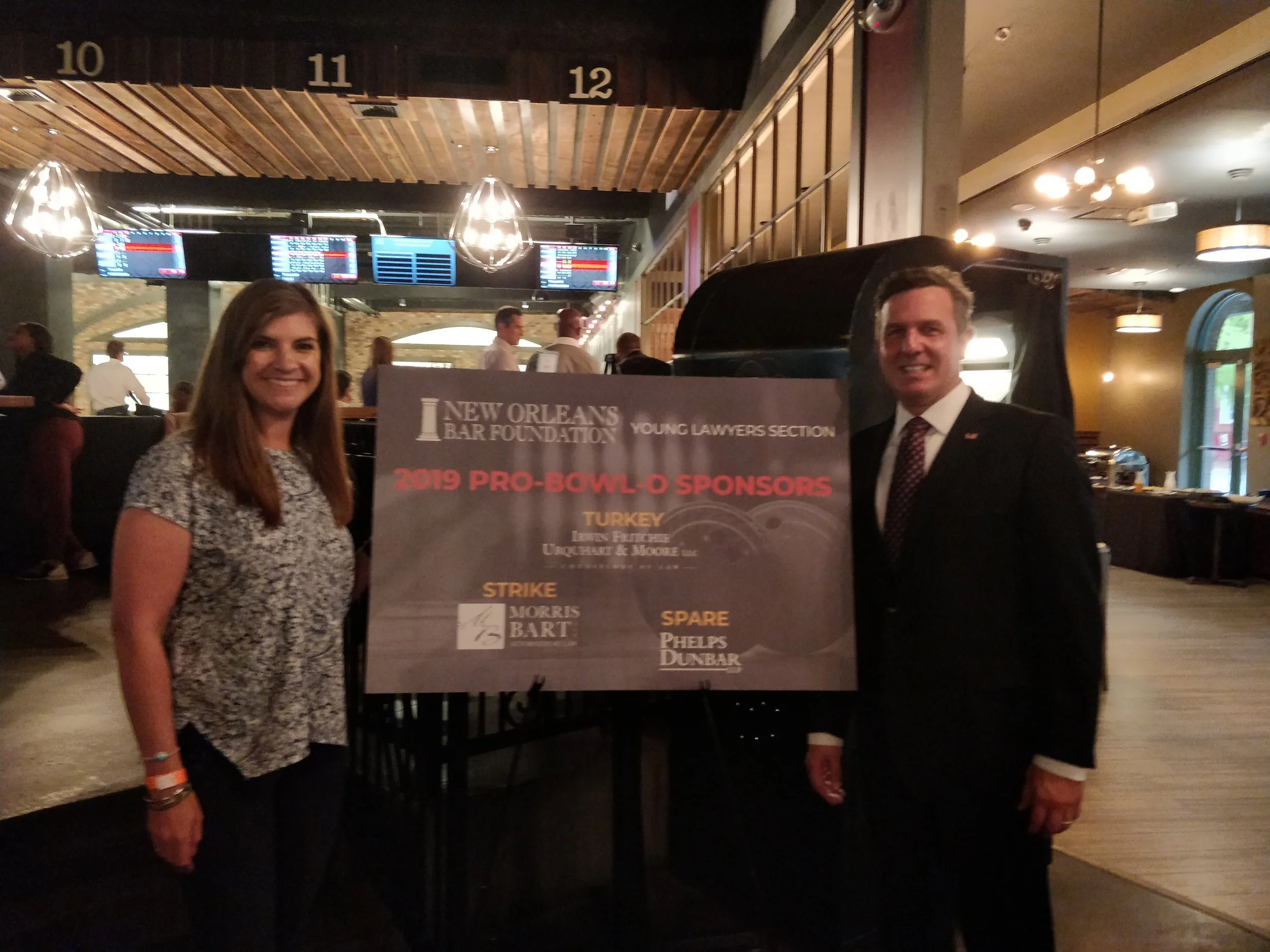 Kelly Brilleaux, New Orleans Bar Association Young Lawyers Section Chair, and Jason Waguespack, New Orleans Bar Association President, at the Annual Pro-Bowl-O Benefit.
