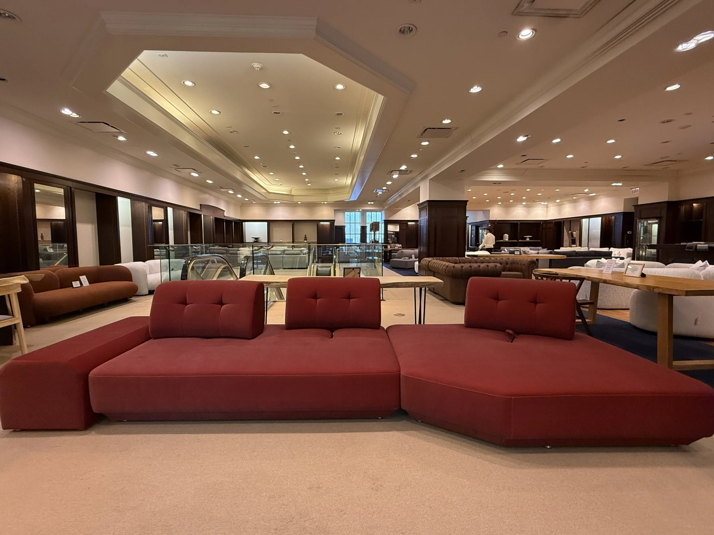 Red velvet chiclet sectional with movable back and a cool vibe.jpeg