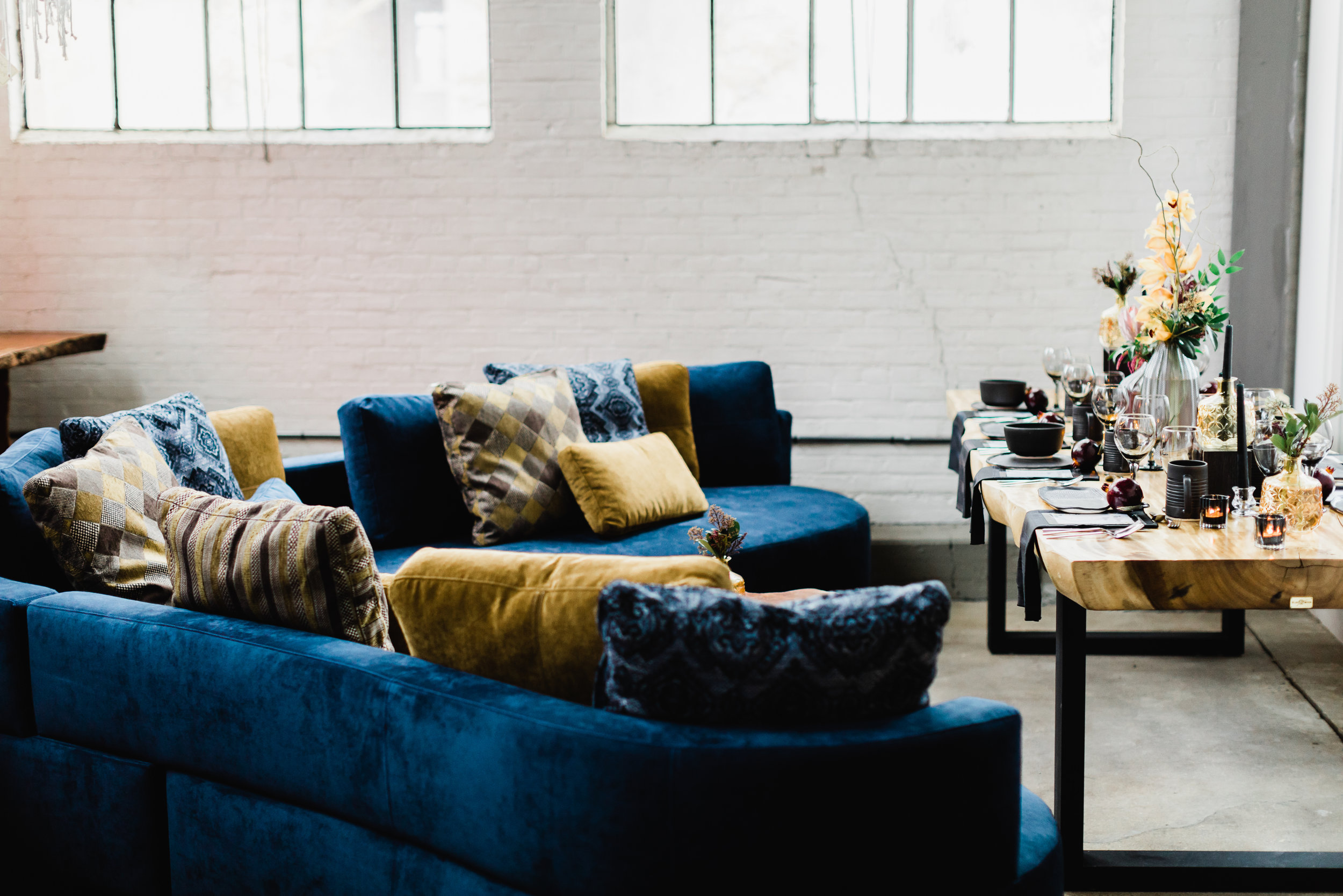 Copy of Cocoon 2 sectional in blue velvet. Curvy, rounded sectional.