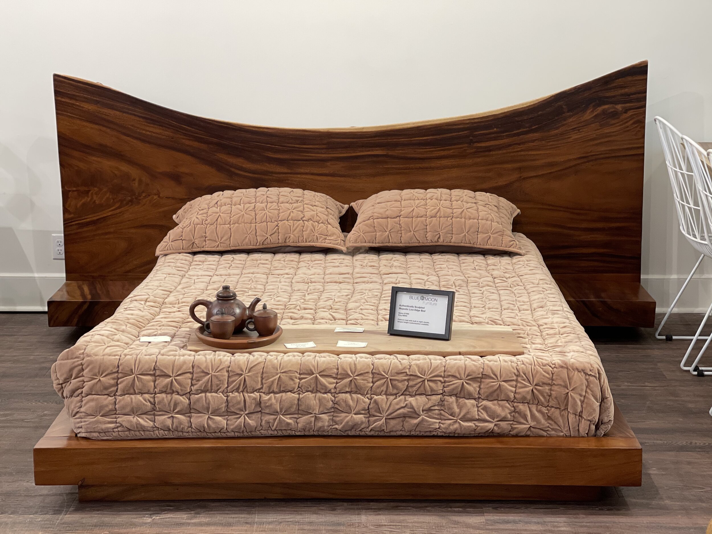 Majestic Live Edge Bed, single slab head board with built in end tables.