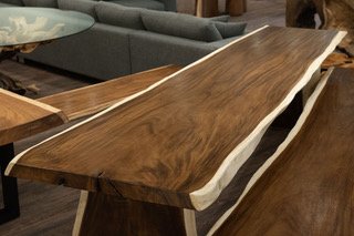 majestic live edge dining table, single slab of wood, high contrast colouring. extra thick single slab live edge dining table.