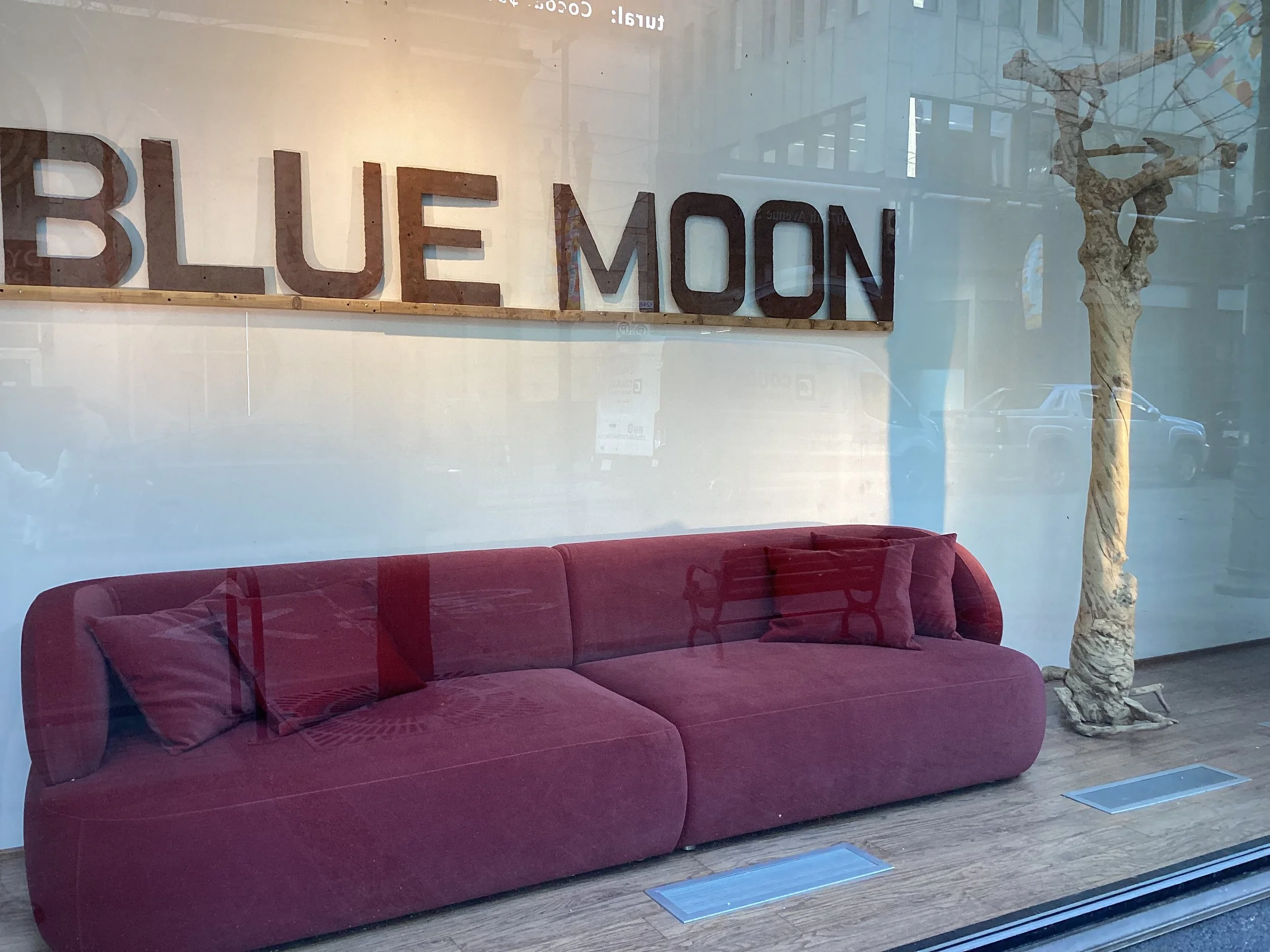 Abelone extra long sofa in red velvet in the street windows of Blue Moon Calgary furniture store.jpeg